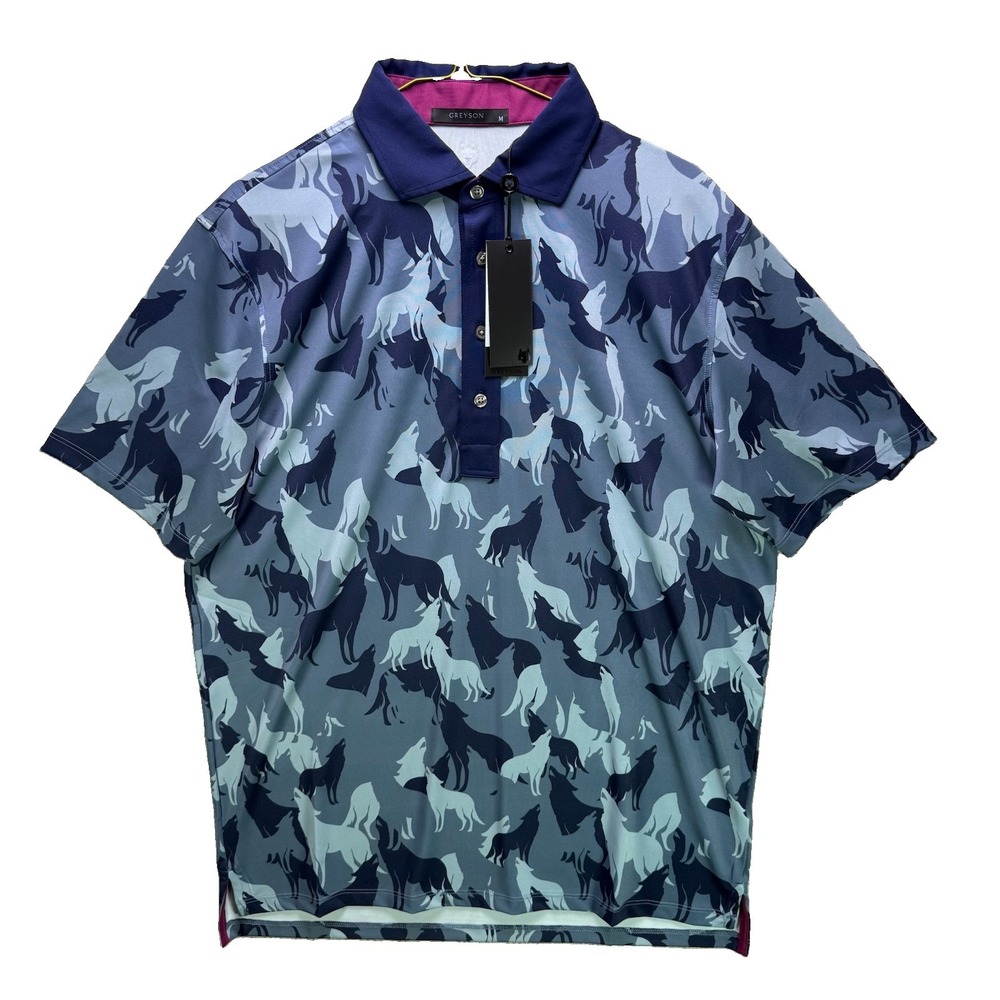 Greyson Golf Polo Shirt Mens Medium Blue Wolf AOP Short Sleeve Wolves NWT $120